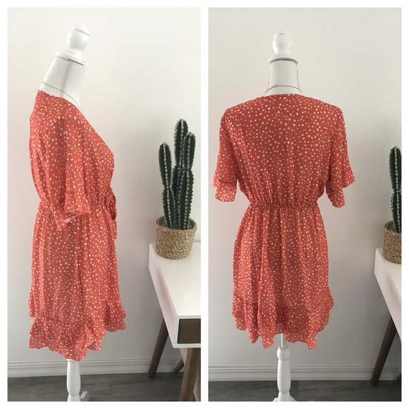 boutique deep v dress boho mini dress burnt orange dot print medium or large - Picture 4 of 9